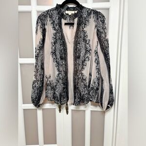 Anthropologie Sheer Pleated Blouse Black Ivory Romantic Boho Ruffle Small